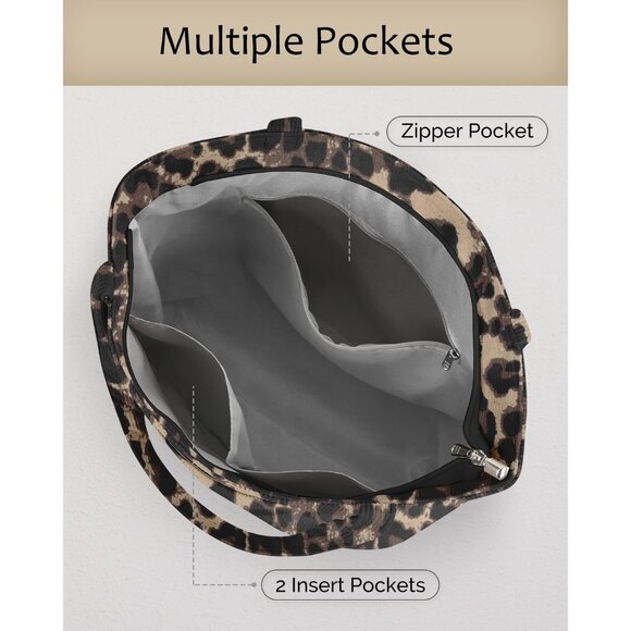 Women Leopard Corduroy Polyester Lining Shoulder Bag with Zipper And Pockets - Picture 4 of 7